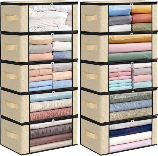 Fab totes 35L Closet Organizers and Storage, Foldable Under Bed Storage Containers, Storage bags for Organizing Bedroom, Closet, Clothing,Organization with Handle (10 Pack,Beige)