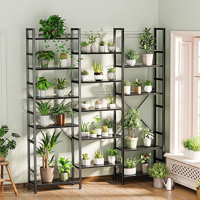 SUPERJARE Triple Bookshelf, Bookcase with 11 Open Display Shelves, Wide Book Shelf Book Case for Home & Office, 6 Tier, Black