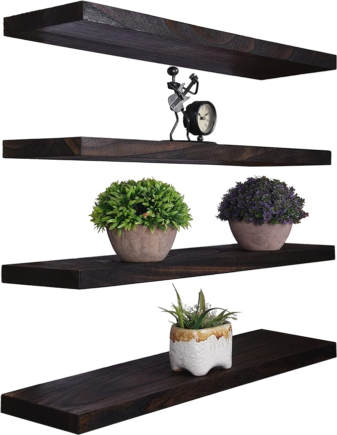 YYWUOJJ Wood Floating Shelves for Wall Decor, Rustic Wall Shelves for Bedroom Bathroom Kitchen Living Room, Set of 4 Walnut 24 Inch