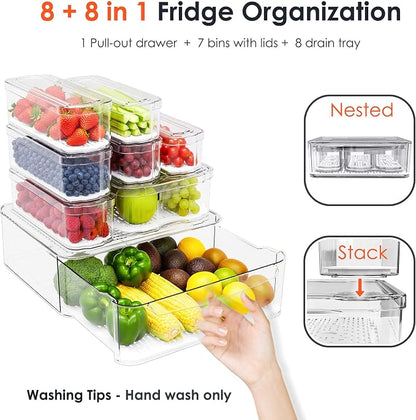 SMRCAD Fridge Organizers and Storage, 8 Pack Clear Freezer Organizer Bins with Lids for Kitchen, Pantry, Refrigerator, Food, Fruit, Vegetable Storage (8 Bins (Include Pull-out Drawer))