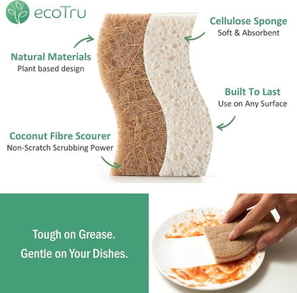 6 Pack Natural Kitchen Sponges, Compostable White Cellulose & Organic Coconut Scrubber Sponge for Washing Dishes, Kind Eco Friendly Non Toxic & Biodegradable Dishwashing Sponges