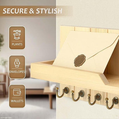 Rebee Vision Farmhouse Pine Key Holder Wall Mount for Room Decor - Key Holder for Wall with Floating Shelf for Placeable Plants- Rustic Key Hanger for Apartment Essentials (Original Wood,15-inch)
