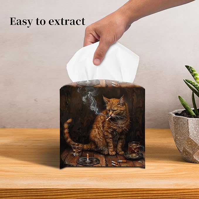 Grace Yonks Cute Cat Tissue Box Cover Square, Smoking Cat Cube Case for Facial Tissues, 5.2" PU Leather(067)