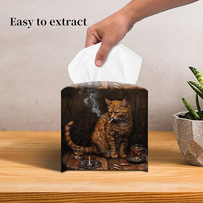 Grace Yonks Cute Cat Tissue Box Cover Square, Smoking Cat Cube Case for Facial Tissues, 5.2" PU Leather(067)