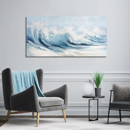 Belmrxne Coastal Wall Art Blue and White Wall Decor Ocean Canvas Painting Wave Textured Artwork Modern Aesthetic Wall Painting for Living Room Bedroom Office 29x58 Inches