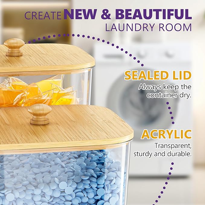 Moforoco 4+1 Pack Bamboo Laundry Pods Container, Acrylic Clear Laundry Room Organization Containers,Large Laundry Pods Holder for Scent Booster Detergent Powder Storage Containers Lids & Labels