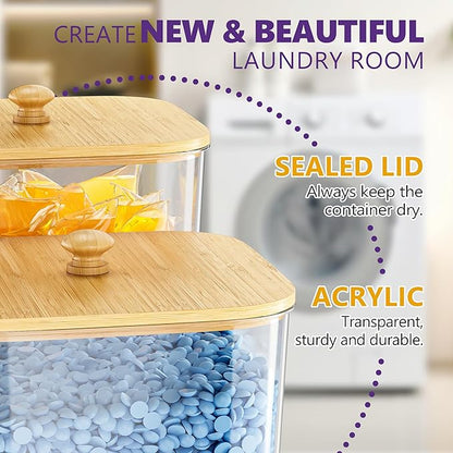 Moforoco 4+1 Pack Bamboo Laundry Pods Container, Acrylic Clear Laundry Room Organization Containers,Large Laundry Pods Holder for Scent Booster Detergent Powder Storage Containers Lids & Labels