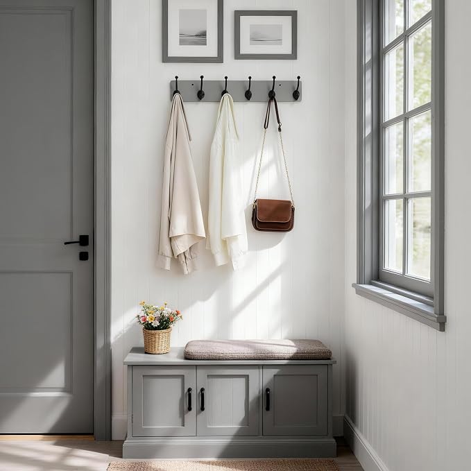 WEBI Rustic Coat Rack Wall Mount,24" Long 6 Cast Iron Coat Hooks Wall Mounted,Heavy Duty Wood Wall Coat Hanger Hooks for Hanging Coats,Jacket,Clothes,Backpack,Farmhouse,Gray