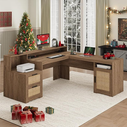 63" Farmhouse L Shaped Executive Desk with Drawers & Storage Shelf, Corner Rattan Computer Desk with Power Outlets, L Shaped Office Desk with Monitor Stand, Printer Shelf