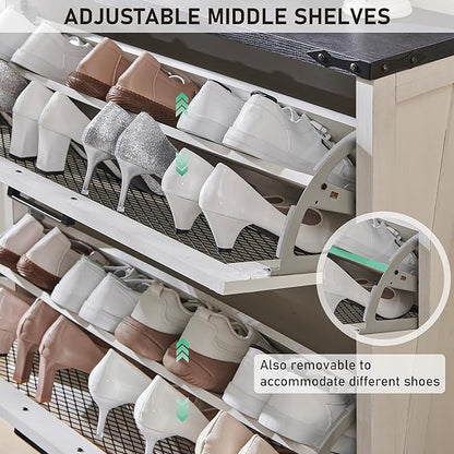 JXQTLINGMU Shoe Cabinet with 2 Flip Drawers, Farmhouse Shoe Storage Cabinet with Mesh Doors and Adjustable Shelves, Rustic Wooden Shoe Organizer, Small Shoe Cabinet Storage for Entryway, White