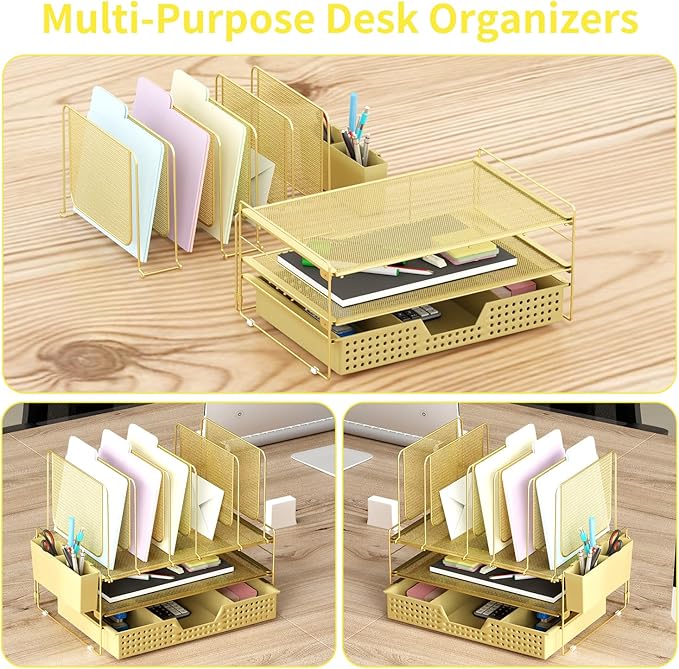 Gold Desk Organizer, Office Organization with Vertical File Holder, File Organizer with Drawer and Pen Holder, Desk Accessories and Workspace Organizers for Home Office (Gold)