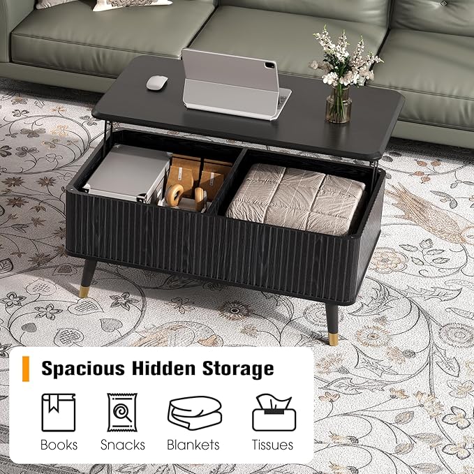 SULIVES Lift Top Coffee Table with Storage,Fluted Coffee Table with Lifting Top,Mid Century Modern Center Table with Solid Wood Legs,Small Coffee Tables for Living Room,Black
