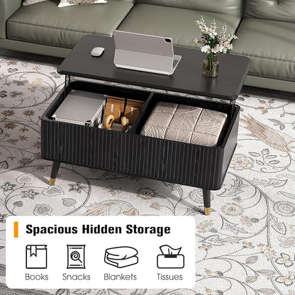 SULIVES Lift Top Coffee Table with Storage,Fluted Coffee Table with Lifting Top,Mid Century Modern Center Table with Solid Wood Legs,Small Coffee Tables for Living Room,Black