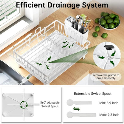 Dish Drying Rack, Dish Racks for Kitchen Counter, Detachable Dish Drainer with Drainboard, Utensil Holder, Cup Holder, Space Saving Kitchen Drying Rack for Small Home and Appartment, White