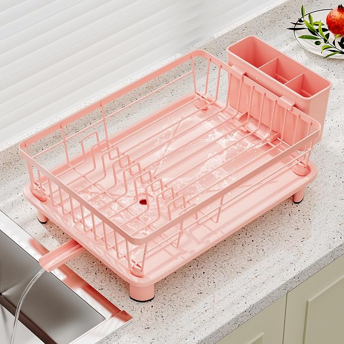 Small Dish Drying Rack, Space Saving Dish Racks for Kitchen Counter, Kitchen Organizer Dish Drainer with Cutlery Holder for Spoons and Forks, 11''W x 15''L, Pink
