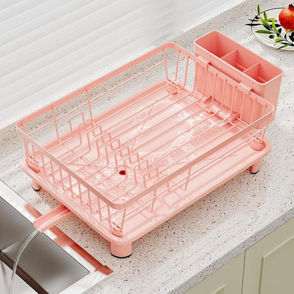Small Dish Drying Rack, Space Saving Dish Racks for Kitchen Counter, Kitchen Organizer Dish Drainer with Cutlery Holder for Spoons and Forks, 11''W x 15''L, Pink