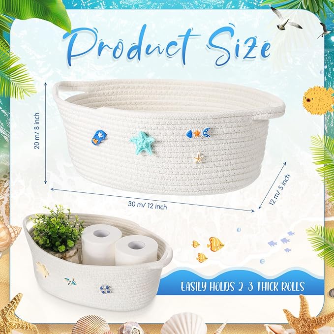 Remerry Boho Coastal Toilet Paper Storage Basket Beach Ocean Bathroom Accessories White Cotton Rope Bin with Starfish Organizer Decor for Toilet Closet Nursery Organizing 12 x 8 x 5 Inch