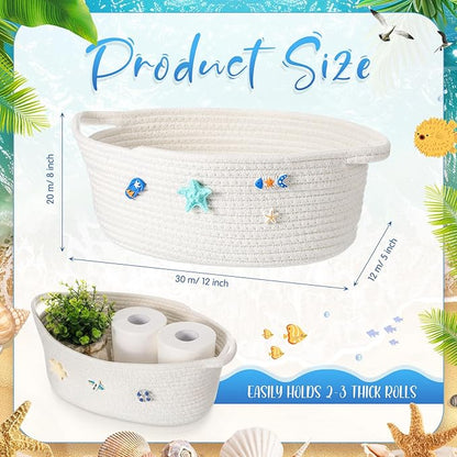 Remerry Boho Coastal Toilet Paper Storage Basket Beach Ocean Bathroom Accessories White Cotton Rope Bin with Starfish Organizer Decor for Toilet Closet Nursery Organizing 12 x 8 x 5 Inch