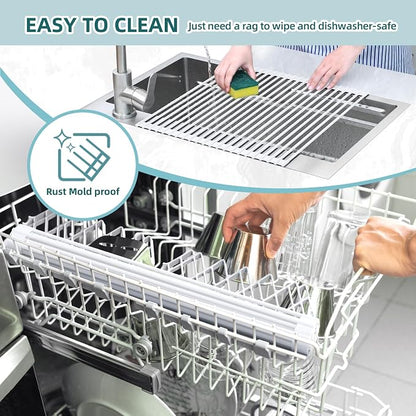Ohuhu Over Sink Dish Drying Rack, 17.6" W x 15.4" L Roll Up Dish Racks Kitchen Sink Organizer Silicone Wrapped Large in Sink Dish Drying Rack Foldable Rolling Drain Mats Anti-Slip