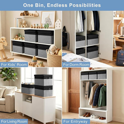 Large 17" 42 Quarts Collapsible Stackable Storage Bins with Lids [3-Pack] Foldable Fabric Linen Storage Boxes Cube, Closet Organizer Baskets with Label for Home (16.7 x 12 x 12", Black & Gray)