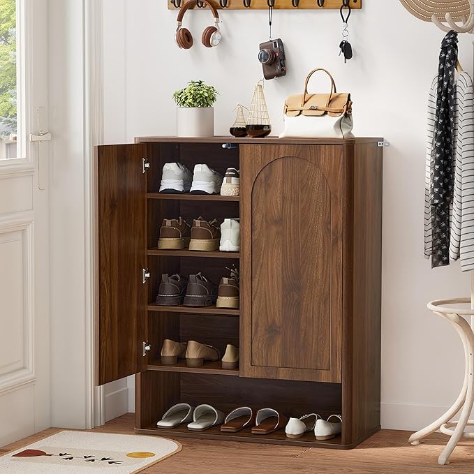 Shoe Cabinet, 5 Tier Wooden Shoe Storage Organizer Cabinet with Adjustable Shelves, Shoes Rack Accent Cabinet for Entryway Hallway Living Room, Walnut