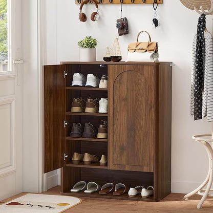 Shoe Cabinet, 5 Tier Wooden Shoe Storage Organizer Cabinet with Adjustable Shelves, Shoes Rack Accent Cabinet for Entryway Hallway Living Room, Walnut