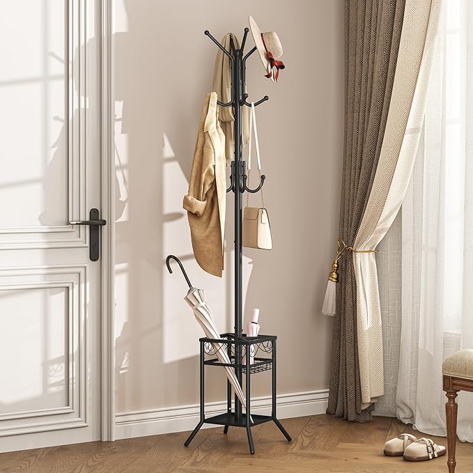 ELYKEN Coat Rack Freestanding, Metal Coat Rack Stand with Umbrella Holder, Modern Coat Tree with 12 Hooks, Floor Standing Corner Hall Tree for Entryway Living Room Bedroom Office, Black