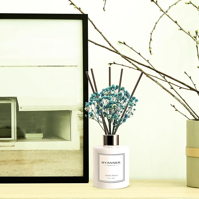 RYANNER Reed Diffuser Set,5.1 fl oz Ocean Breeze Scent Diffuser with Sticks Home Fragrance Reed Diffuser with Essential Oil for Bathroom Shelf Decor&Air Freshener,Home Bathroom Office Decor & Gifts
