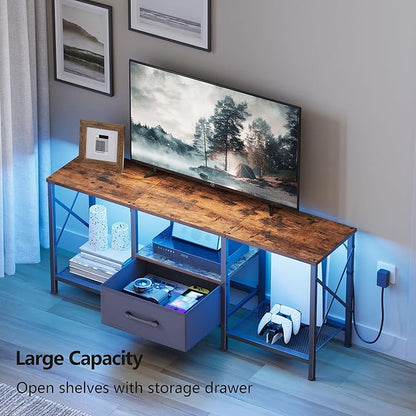 JARHETUN LED TV Stand with Fabric Drawer, Entertainment Center for 50 55 Inch TV, Industrial TV Console Table with Open Storage Shelves for Living Room, Bedroom, Rustic Brown
