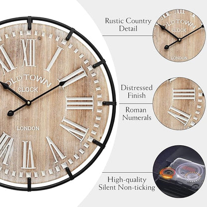 20 Inch Large Farmhouse Wall Clock, Rustic Antique Wood with Metal Circle and Large Engraved Numerals, Silent Battery Operated Wall Clock for Office Kitchen Bedroom Living Room