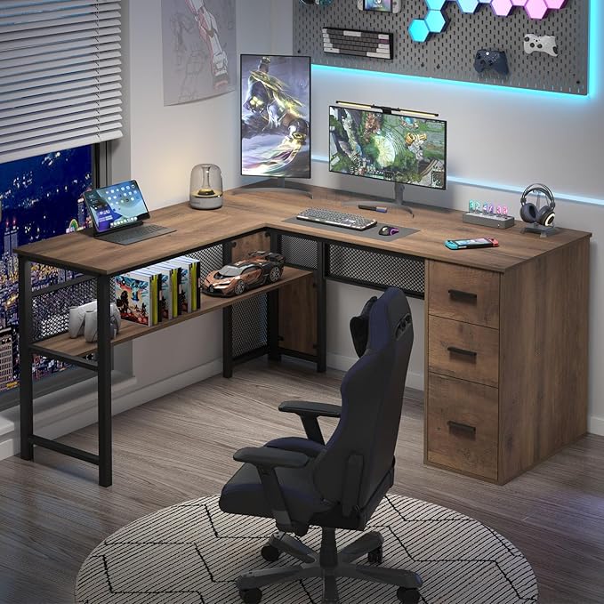 LVB Wood L Shaped Desk, Large Computer Office Desk with File Cabinets, Reversible Executive L Shape Gaming Desk with Drawers, Metal Wooden Corner Desk Table with with Storage Shelf, Rustic Oak 59 Inch