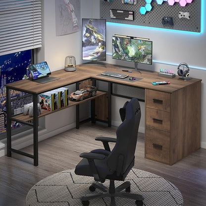 LVB Wood L Shaped Desk, Large Computer Office Desk with File Cabinets, Reversible Executive L Shape Gaming Desk with Drawers, Metal Wooden Corner Desk Table with with Storage Shelf, Rustic Oak 59 Inch