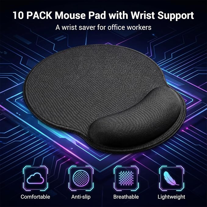 10 Pack Ergonomic Mouse Pad with Wrist Rest Support, Gel Memory Foam Computer Pad for Pain Relief & Comfort, Non-Slip Base for Gaming, Office, Home Use (Black)