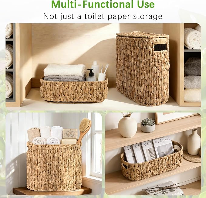 Livole 2-in-1 Toilet Paper Basket with Lid Water Hyacinth Toilet Paper Storage - 16 Regular Rolls or 12 Mega Rolls Large Natural Toilet Paper Organizer for Bathroom