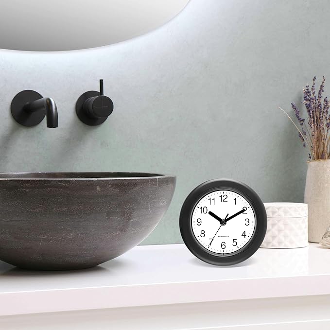 Caysie 6.5 Inch Sealed Small Indoor Outdoor Clock Waterproof, Hanging or Standing Silent Battery Operated Wall Clocks for Pool Patio Bathroom Shower (Black)