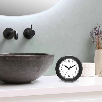 Caysie 6.5 Inch Sealed Small Indoor Outdoor Clock Waterproof, Hanging or Standing Silent Battery Operated Wall Clocks for Pool Patio Bathroom Shower (Black)