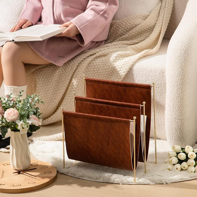 Domensi 2 Tier Leather Magazine Rack, 16 x 14 Inch Floor Standing Magazine Holder, Metal Wire Newspaper Organizer for Home Office, Living Room, Decorative Book Storage Rack for Books, Newspapers