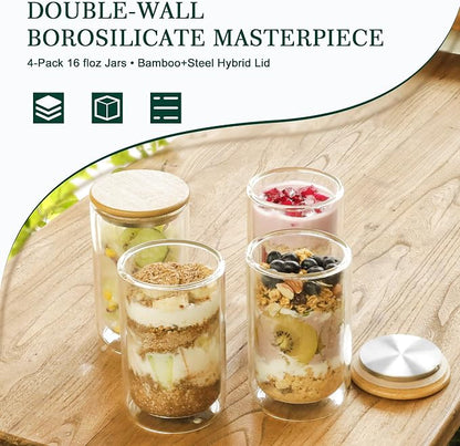 LIBWYS 2 Pack Overnight Oats Containers with Bamboo & Stainless Steel Lids, 15oz Meal Prep Jars - Double Walled High Borosilicate Glass jars for Overnight Oats, Chia Pudding & Salad