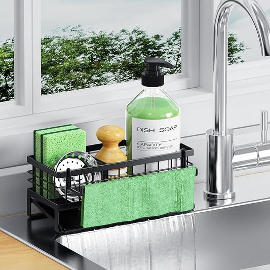 DYFVREN Self-Draining Kitchen Sink Caddy, Rustproof Non-Slip Sponge Holder with Detachable Dish Cloth Holder (Black)