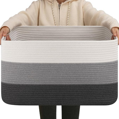 OIAHOMY Large Blanket Basket For Living Room, Rectangle Woven Baskets for Storage, Nursery Toy Storage With Handle-22”x17”x12”-Gradient Dark Grey