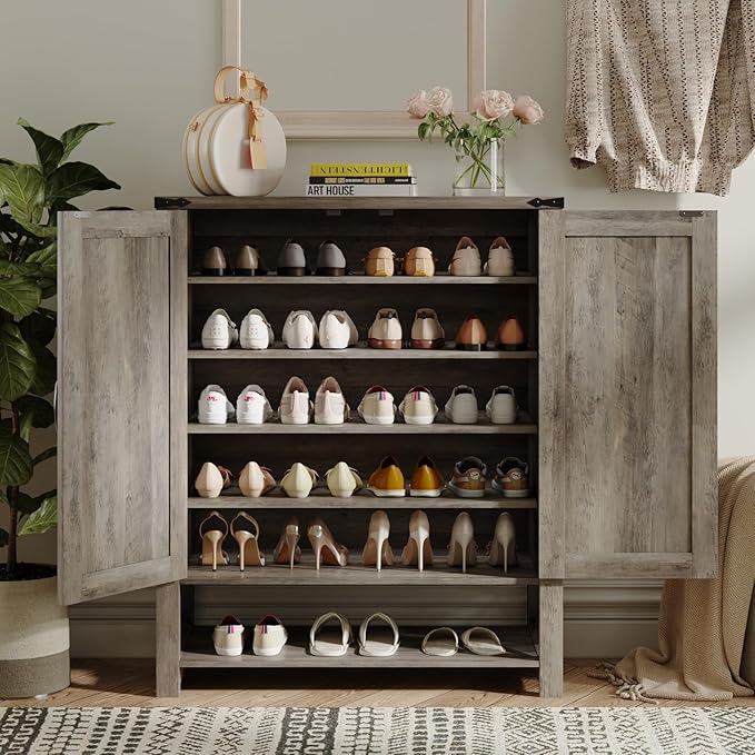 Maupvit 6-Tier Shoe Cabinet with Doors, Farmhouse Shoe Storage Cabinet with Adjustable Shelves, Shoe Shelf, Wooden Shoe Rack Organizer Cabinet for Entryway, Foyer, Hallway, Living Room, Grey