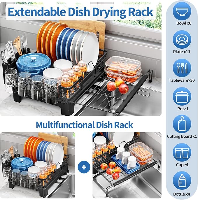 TOOLF Dish Drying Rack - Expandable Dish Rack, Large Capacity Dish Drainer for Kitchen Counter, Stainless Steel Dish Strainer with Cups Holder & Utensil Holder,Black