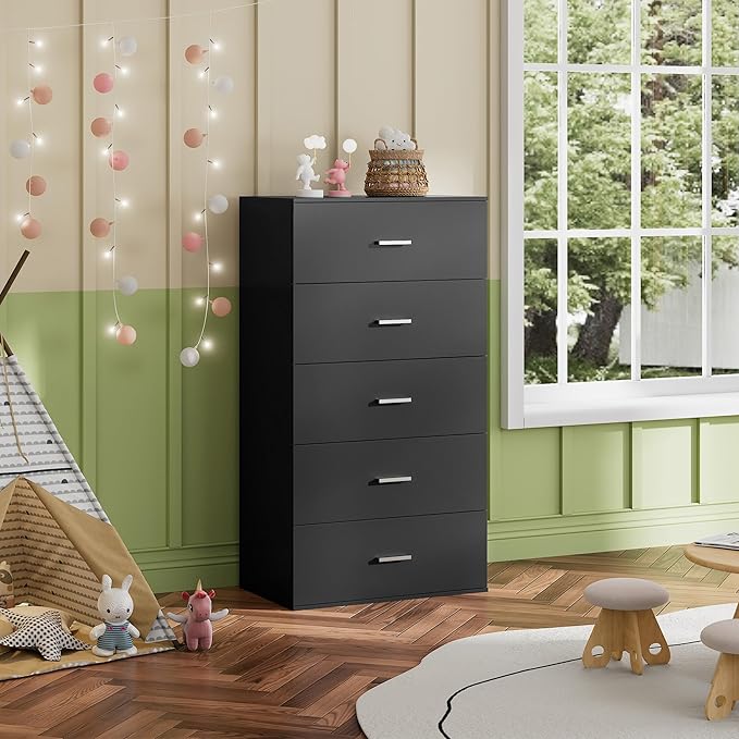 WLIVE Tall Dresser for Bedroom, Wood Chest of Drawers with Mental Handles, Black Bedroom Dresser with 5 Drawers, Modern Minimalist Closet Store Organizer for Living Room, Hallway