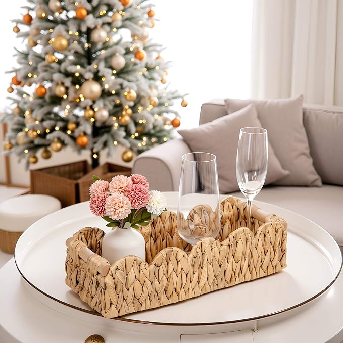 Scalloped Decorative Toilet Paper Storage Basket, Wicker Rattan Farmhouse Rustic Home Decor Basket for Shelves Pantry Organizing, Bedroom, Living Room, Hyacinth Bin w/Wood Handles, Natural