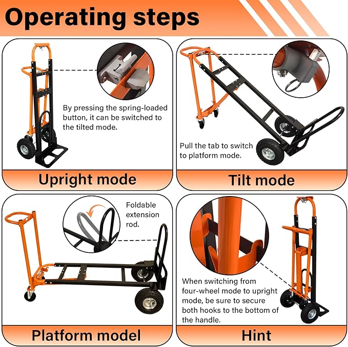 4 in 1 Industrial Convertible Hand Truck, 770 LBS Capacity Heavy Duty Dolly Cart with 4 Wheels, Versatile Folding Trolley with Ergonomic Handles, Platform Cart for Transport, Moving, Warehouse, Home