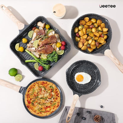 JEETEE 24Pcs Ceramic Cookware Set, Gray Pots and Pans Set Non Stick, Kitchen Healthy Non Toxic Induction Cookware Sets W/Saucepans, Sauté Pan, Griddle, Crepe Pan & Pancake Rake (PTFE, PFOSFree)