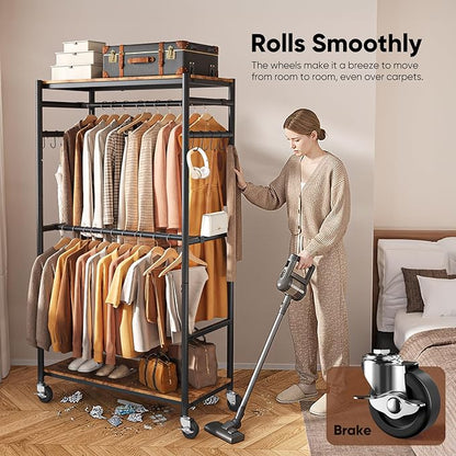 HOKEEPER Heavy Duty Rolling Garment Rack, Wood & Metal Clothing Rack with Shelves, Adjustable Height Freestanding Wardrobe for Bedroom, Freestanding Closet Organizer, Max Load 450 LBS