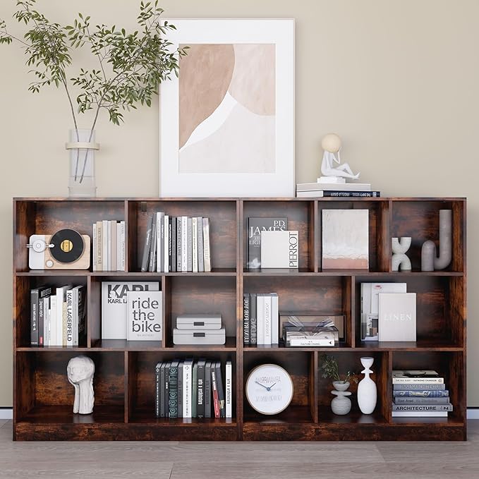 8 Cube Wooden Bookshelf with Base,3-Tier Freestanding Open Storage Organizer,Multi-Functional Bookcase for Living Room,Bedroom,Study and Office