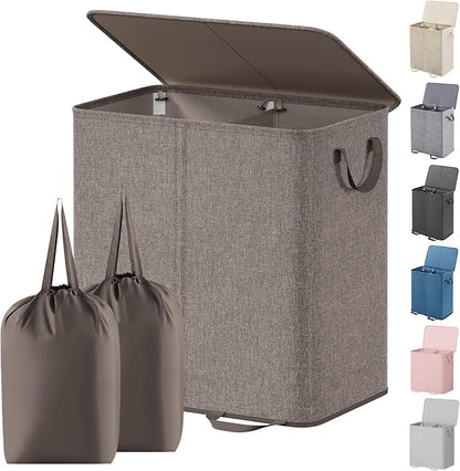 Lifewit Double Laundry Hamper with Lid and Removable Laundry Bags, Large Collapsible 2 Dividers Dirty Clothes Basket with Handles for Bedroom, Laundry Room, Closet, Bathroom, College, 136L Brown