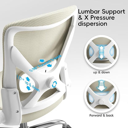 Office Home Ergonomic Desk Chair-Computer X-Shaped Chair Mesh PU Leather with Adjustable Lumbar Support-Executive Chair High Back Flip-Up Arms for Long Hours (Beige-No Headrest)